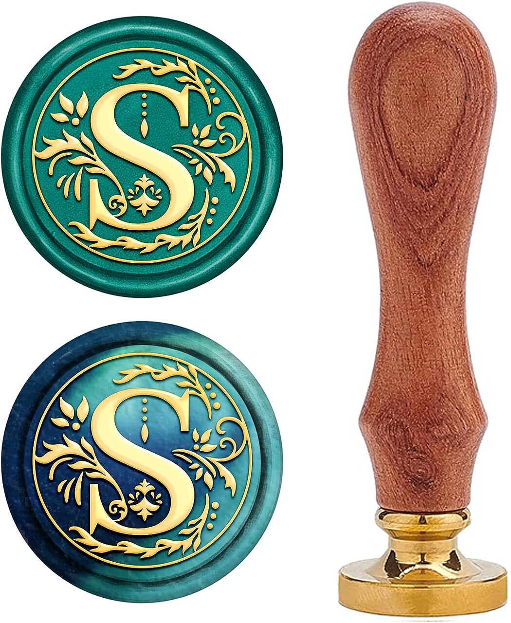 Letter S Wax Seal Stamp Initial Alphabet Vintage Sealing Stamp Olive Leaves Medieval Traditional Classic 25mm Removable Brass Head with Wooden Handle for Wedding Invitations Cards Envelopes